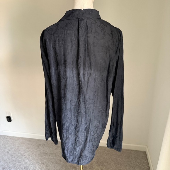 CP Shades Silk Navy Floral Damask Long Sleeve Collared Blouse Top Medium - Picture 6 of 11